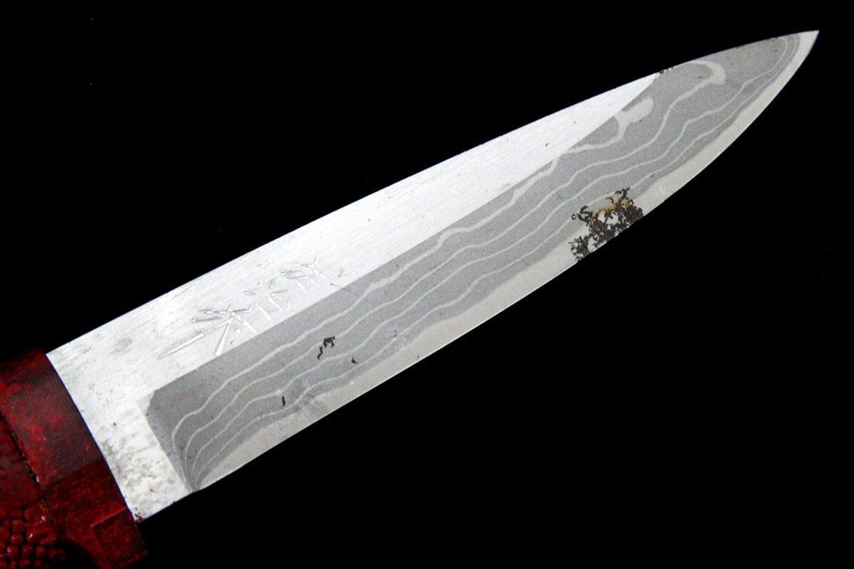 和式ナイフ 刃渡り120mm 赤備1 白紙多層鋼 鮫皮柄 鞘・外箱付 λA5639 
